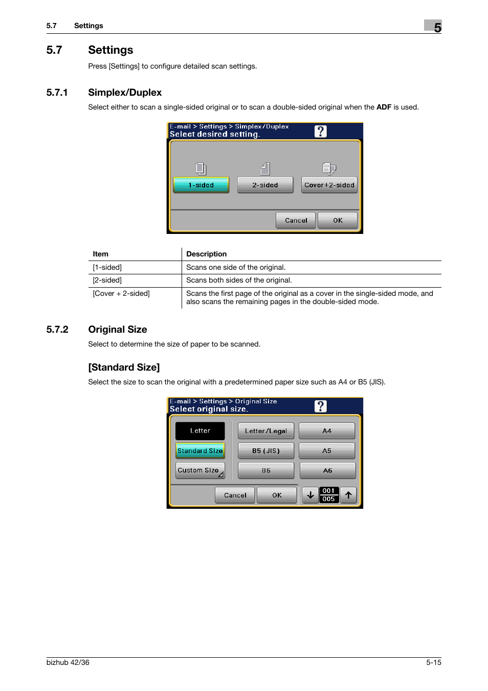 7 settings, 1 simplex/duplex, 2 original size | Standard size, Settings -15, Simplex/duplex -15, Original size -15 [standard size] -15, P. 5-15), P. 5-15 | Konica Minolta bizhub 42 User Manual | Page 57 / 158