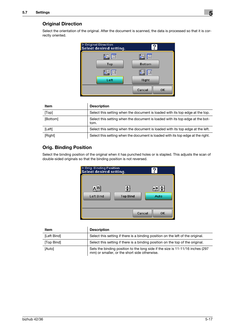 Original direction, Orig. binding position, Original direction -17 orig. binding position -17 | Konica Minolta bizhub 42 User Manual | Page 59 / 158