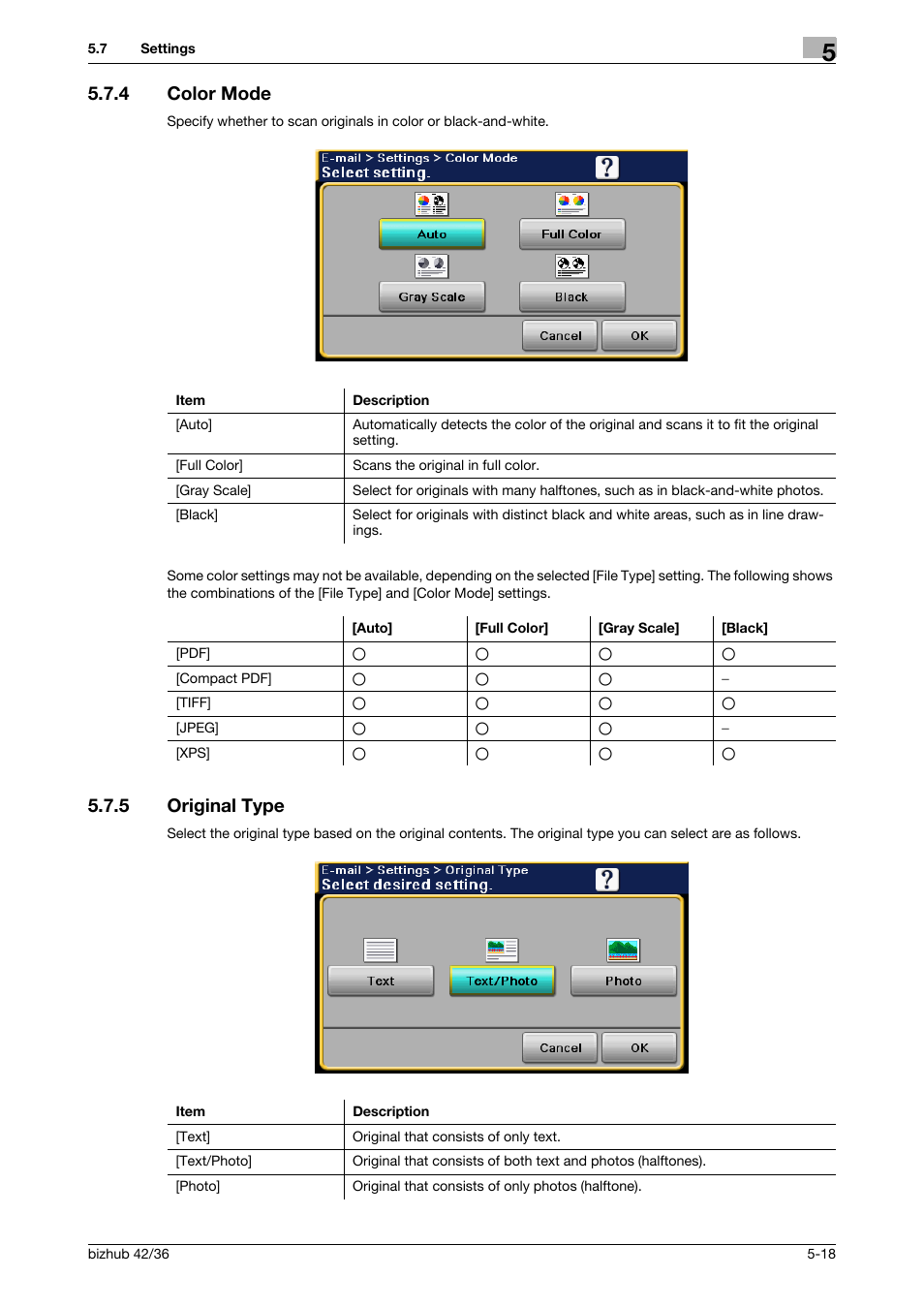 4 color mode, 5 original type, Color mode -18 | Original type -18 | Konica Minolta bizhub 42 User Manual | Page 60 / 158