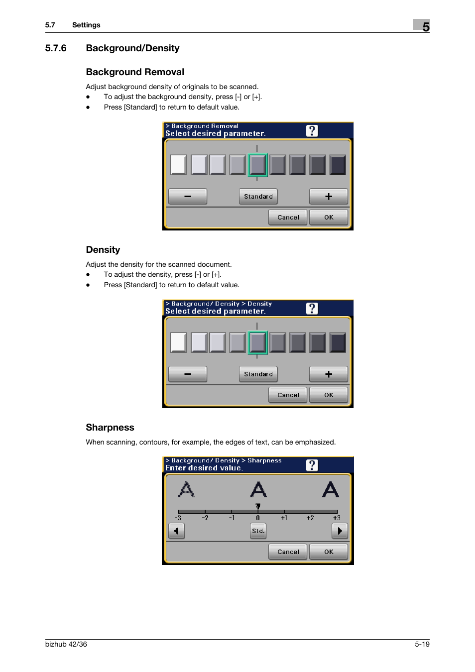 6 background/density, Background removal, Density | Sharpness | Konica Minolta bizhub 42 User Manual | Page 61 / 158