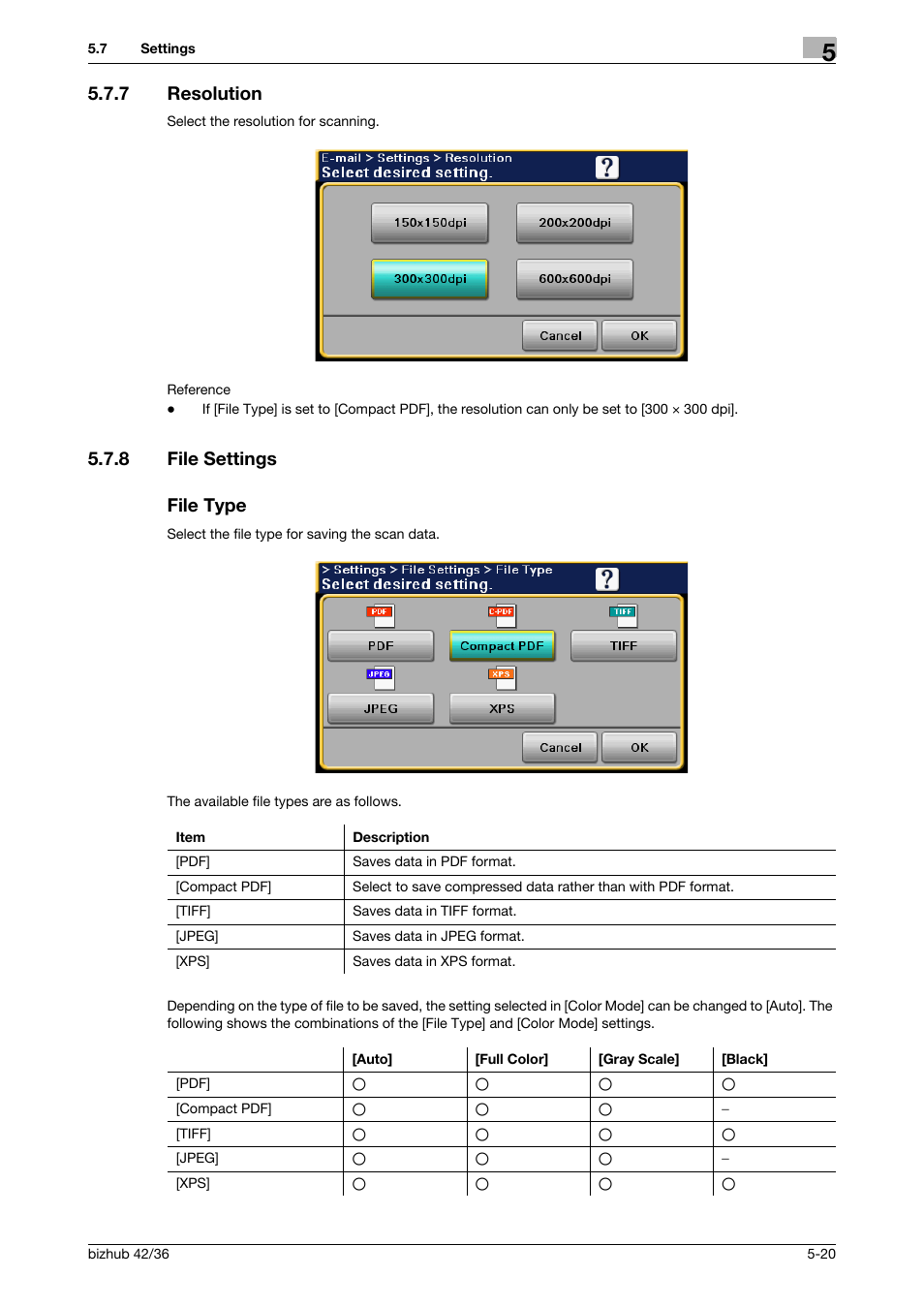 7 resolution, 8 file settings, File type | Resolution -20, File settings -20 file type -20, 8 file settings file type | Konica Minolta bizhub 42 User Manual | Page 62 / 158