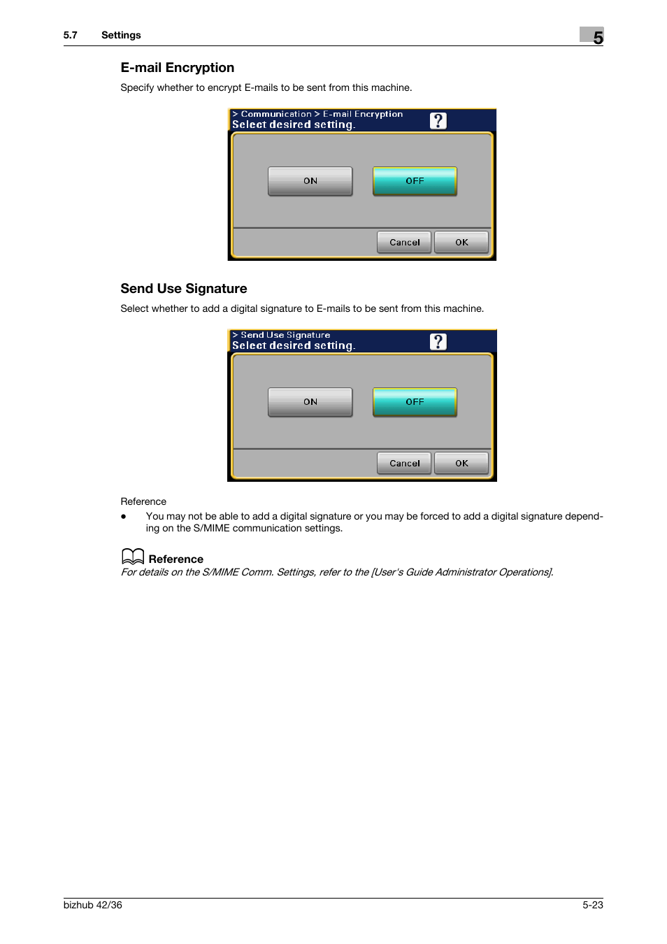 E-mail encryption, Send use signature, E-mail encryption -23 send use signature -23 | Konica Minolta bizhub 42 User Manual | Page 65 / 158