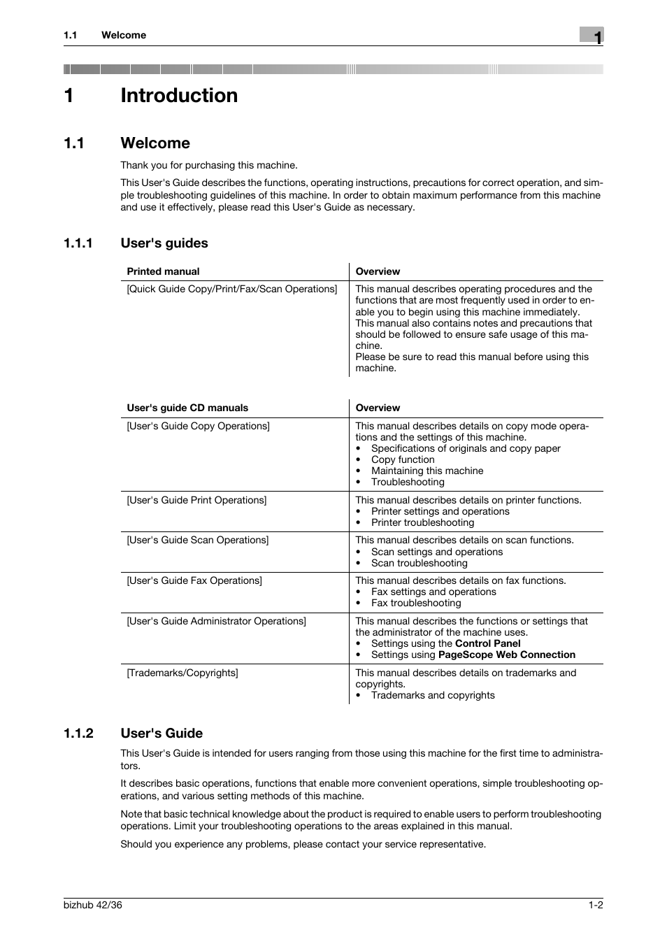 1 introduction, 1 welcome, 1 user's guides | 2 user's guide, Introduction, Welcome -2, User's guides -2, User's guide -2, 1introduction, 1 user's guides 1.1.2 user's guide | Konica Minolta bizhub 42 User Manual | Page 8 / 158