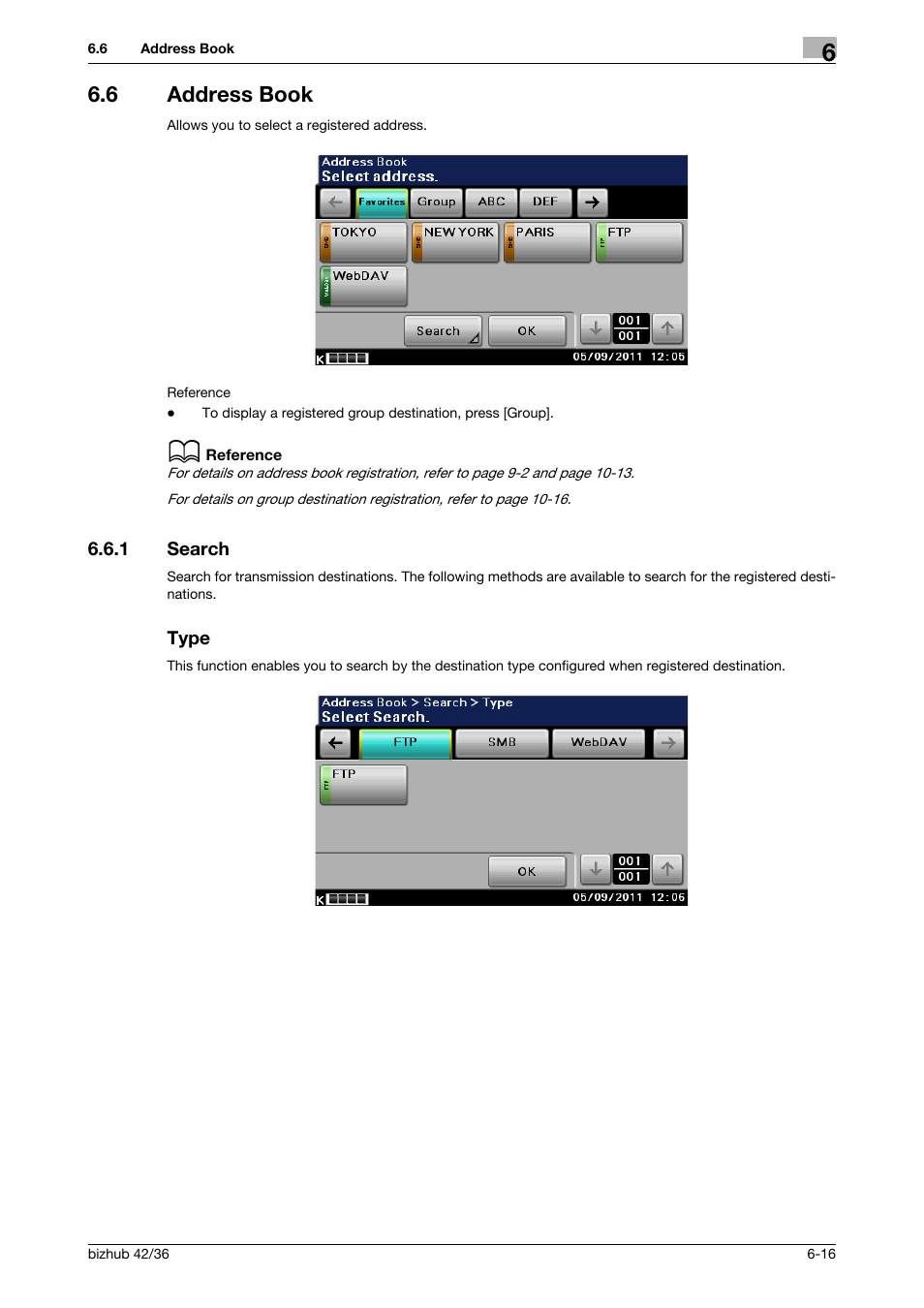 6 address book, 1 search, Type | Address book -16, Search -16 type -16, P. 6-16), P. 6-16 | Konica Minolta bizhub 42 User Manual | Page 83 / 158