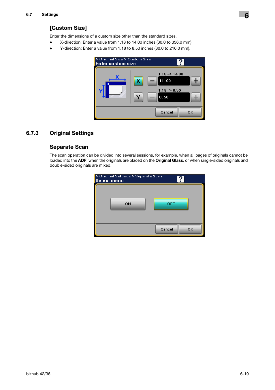 Custom size, 3 original settings, Separate scan | Custom size] -19, Original settings -19 separate scan -19 | Konica Minolta bizhub 42 User Manual | Page 86 / 158