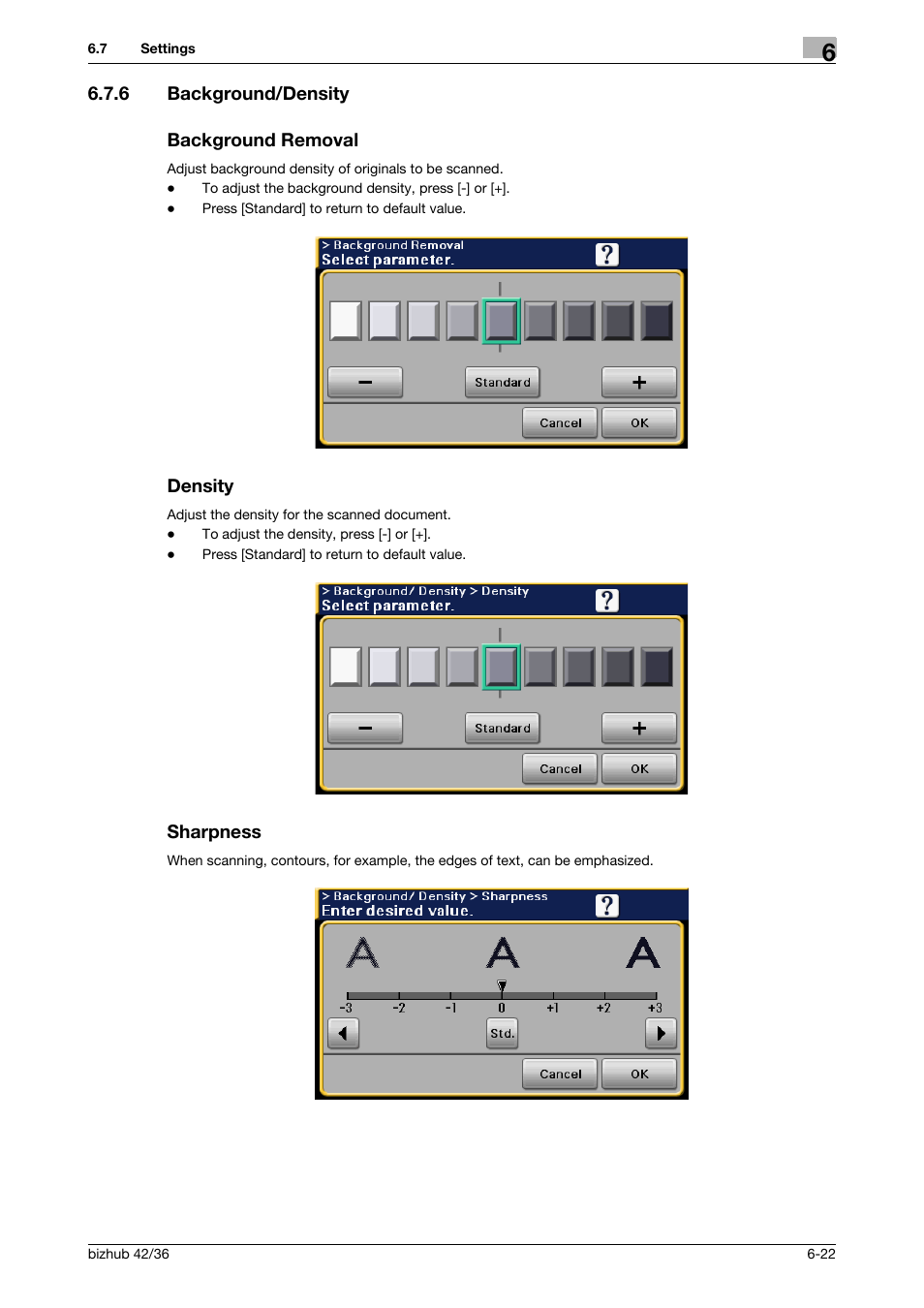 6 background/density, Background removal, Density | Sharpness | Konica Minolta bizhub 42 User Manual | Page 89 / 158