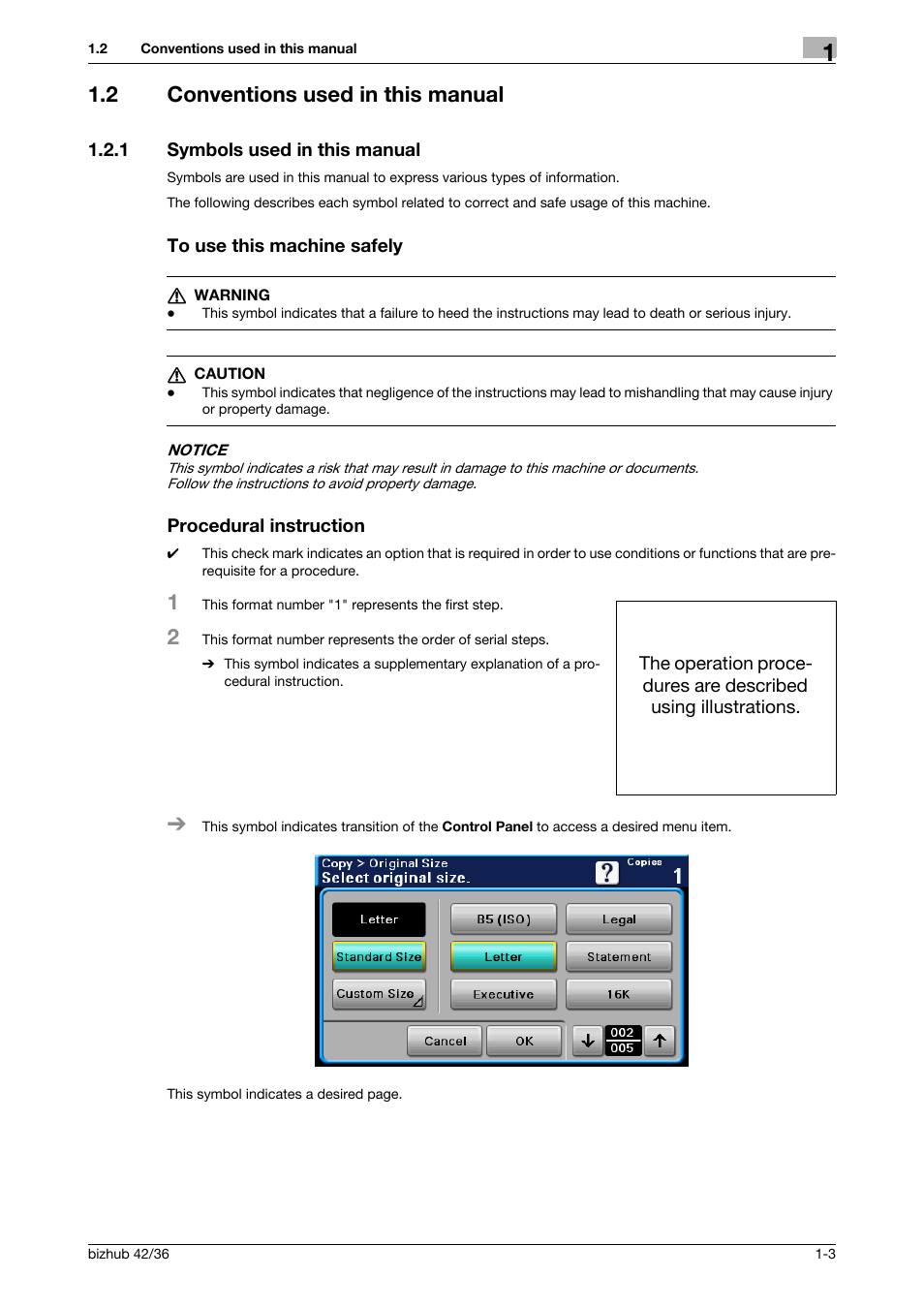 2 conventions used in this manual, 1 symbols used in this manual, To use this machine safely | Procedural instruction, Conventions used in this manual -3 | Konica Minolta bizhub 42 User Manual | Page 9 / 158