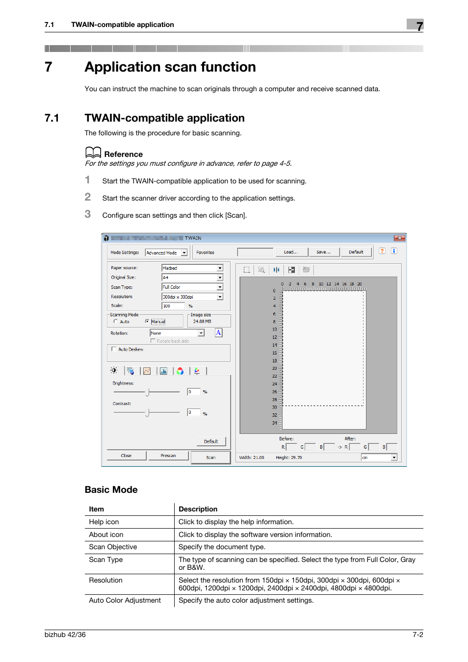 7 application scan function, 1 twain-compatible application, Basic mode | Application scan function, Twain-compatible application -2 basic mode -2, 7application scan function | Konica Minolta bizhub 42 User Manual | Page 96 / 158