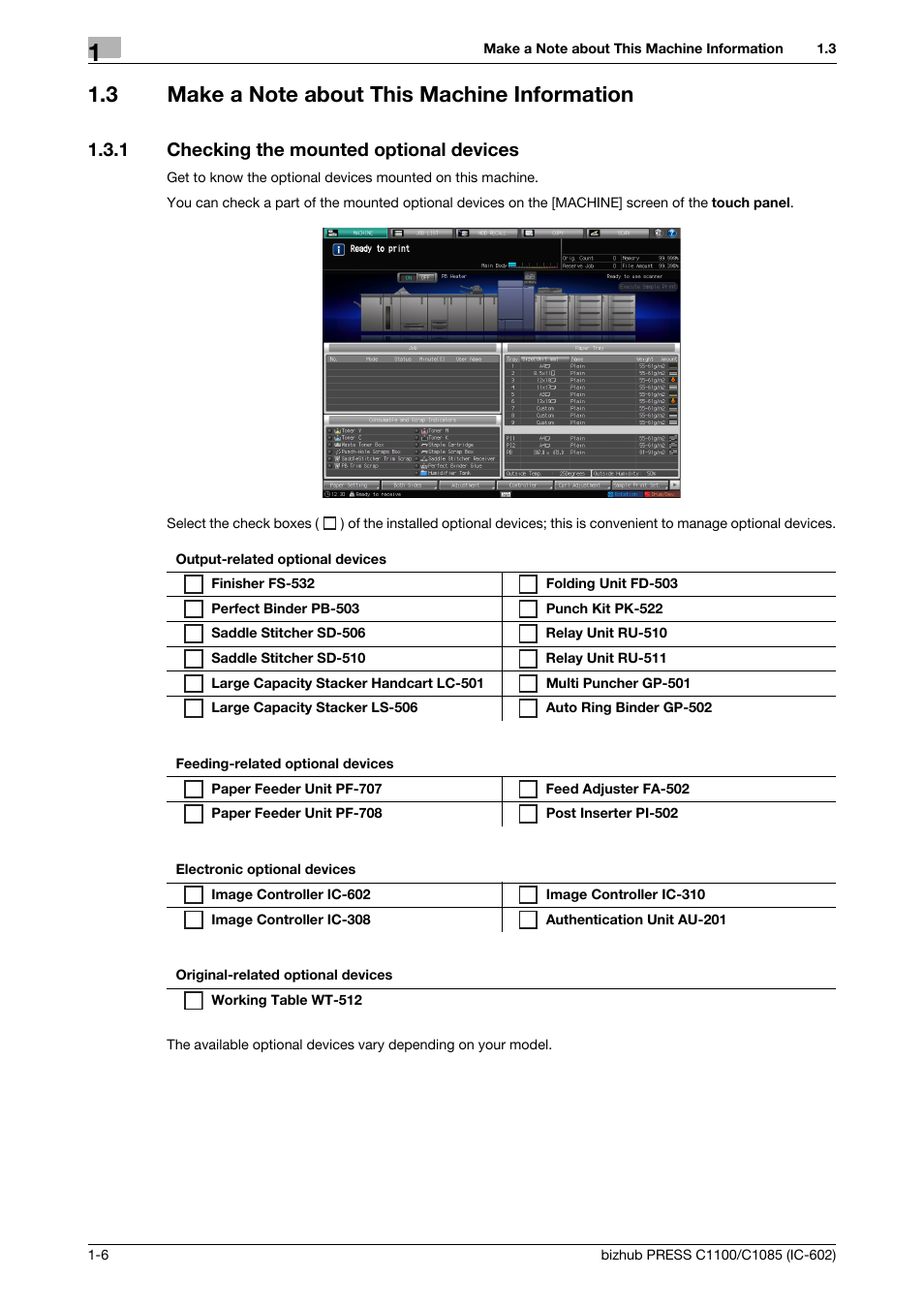 3 make a note about this machine information, 1 checking the mounted optional devices, Make a note about this machine information -6 | Checking the mounted optional devices -6 | Konica Minolta bizhub PRESS C1085 User Manual | Page 10 / 130