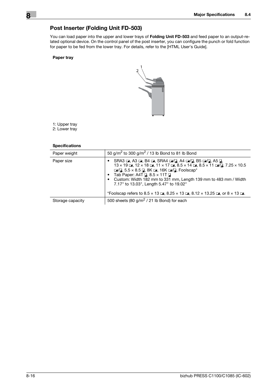 Post inserter (folding unit fd-503) | Konica Minolta bizhub PRESS C1085 User Manual | Page 112 / 130