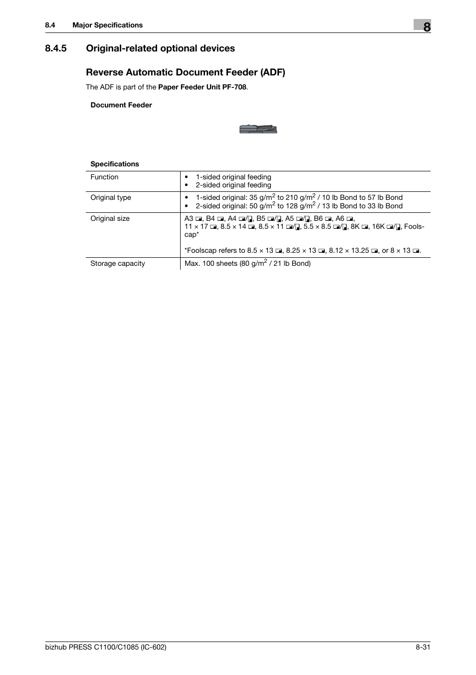 5 original-related optional devices, Reverse automatic document feeder (adf), Original-related optional devices -31 | Konica Minolta bizhub PRESS C1085 User Manual | Page 127 / 130