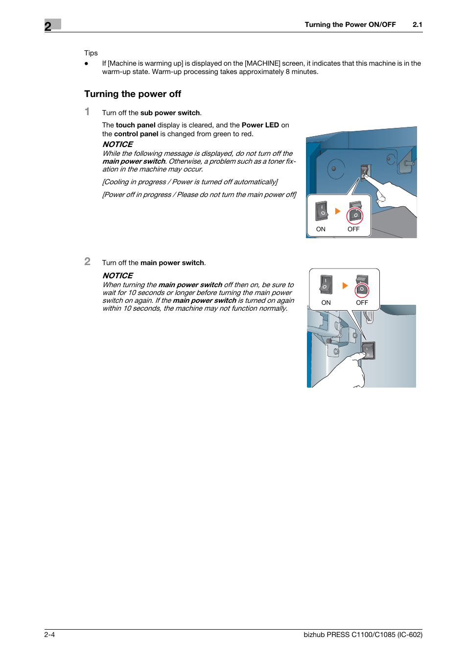 Turning the power off | Konica Minolta bizhub PRESS C1085 User Manual | Page 16 / 130