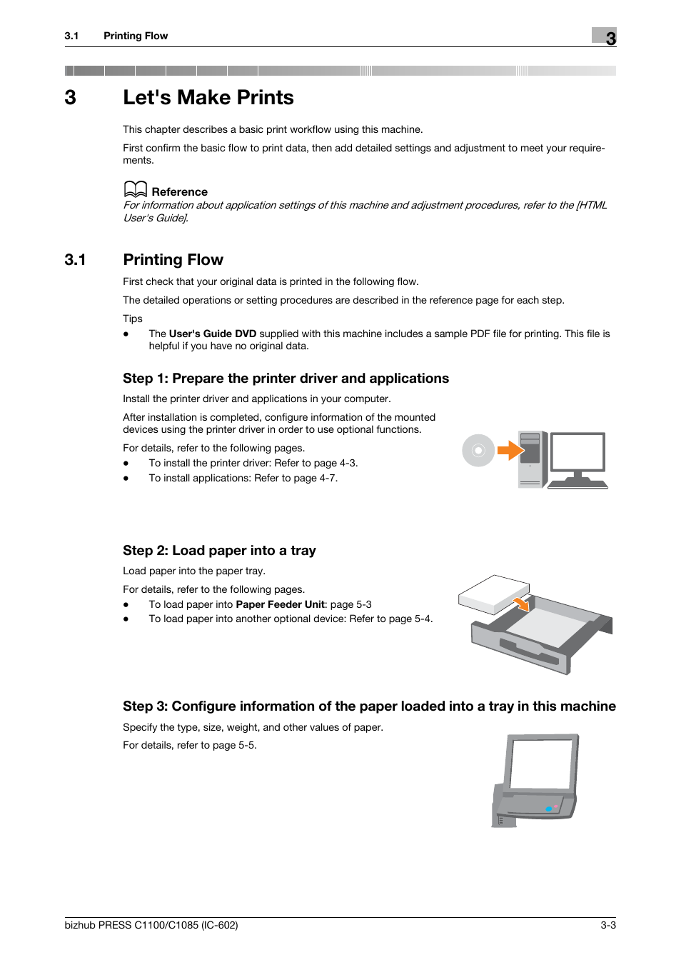 3 let's make prints, 1 printing flow, Step 2: load paper into a tray | Let's make prints, Printing flow -3, 3let's make prints | Konica Minolta bizhub PRESS C1085 User Manual | Page 23 / 130