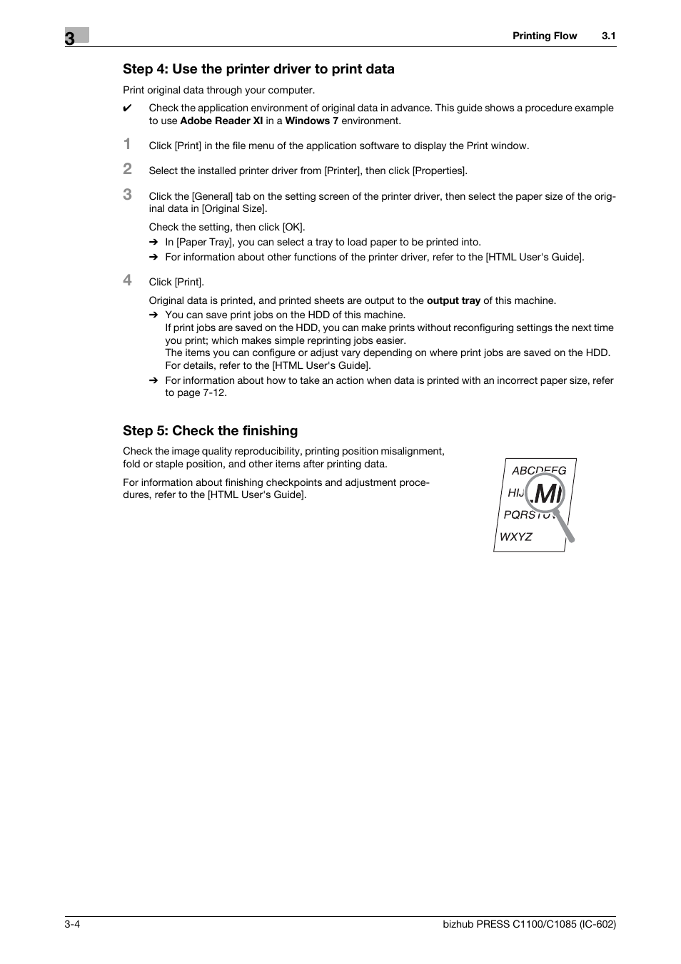 Step 4: use the printer driver to print data, Step 5: check the finishing | Konica Minolta bizhub PRESS C1085 User Manual | Page 24 / 130