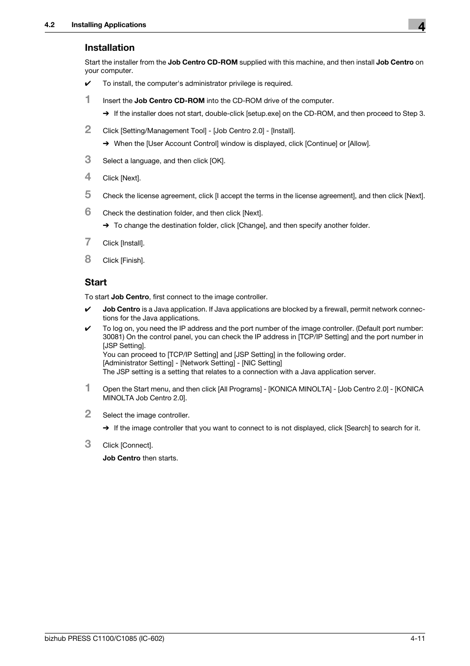 Installation, Start | Konica Minolta bizhub PRESS C1085 User Manual | Page 35 / 130