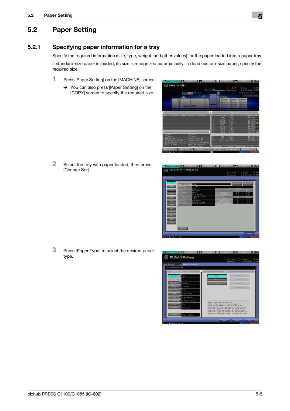 2 paper setting, 1 specifying paper information for a tray, Paper setting -5 | Specifying paper information for a tray -5 | Konica Minolta bizhub PRESS C1085 User Manual | Page 41 / 130