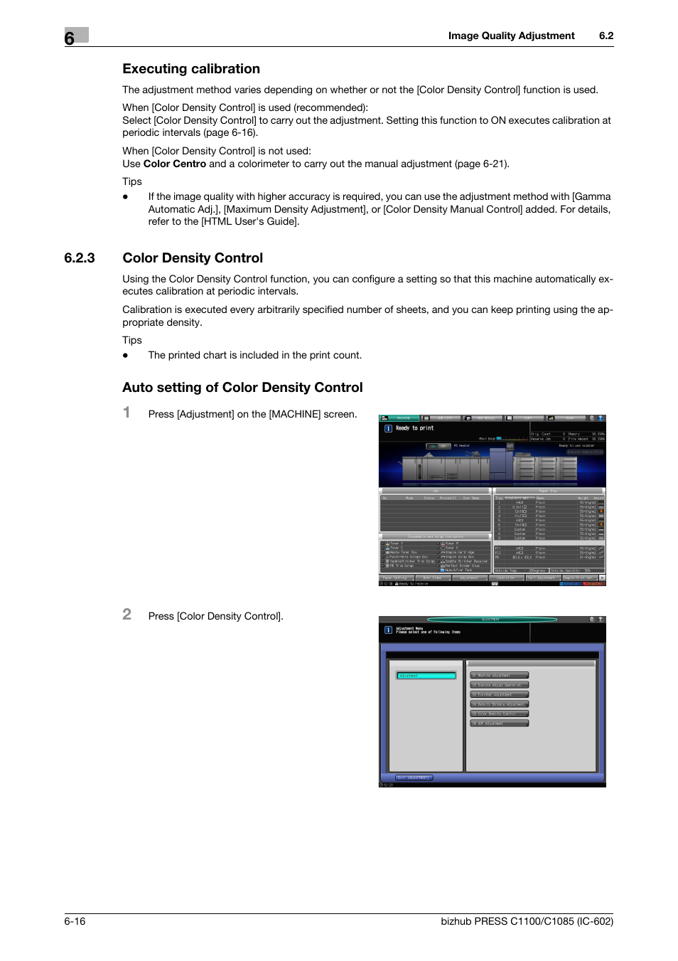 Executing calibration, 3 color density control, Auto setting of color density control | Color density control -16 | Konica Minolta bizhub PRESS C1085 User Manual | Page 64 / 130