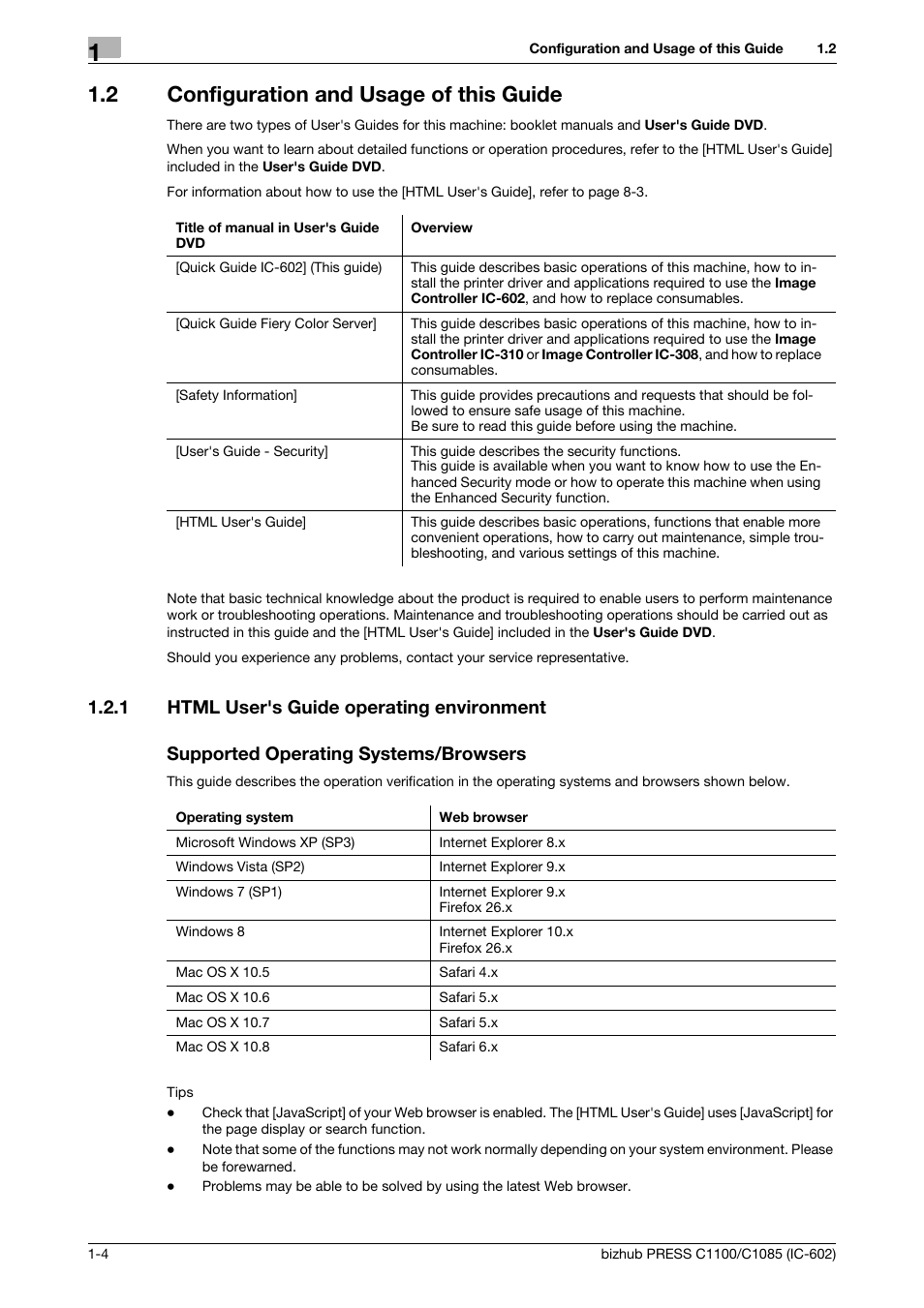 2 configuration and usage of this guide, 1 html user's guide operating environment, Supported operating systems/browsers | Configuration and usage of this guide -4, Html user's guide operating environment -4 | Konica Minolta bizhub PRESS C1085 User Manual | Page 8 / 130