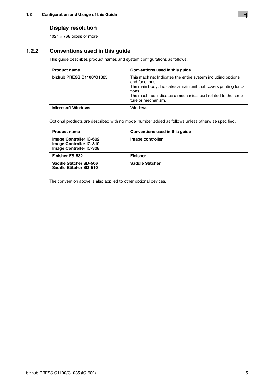 Display resolution, 2 conventions used in this guide, Conventions used in this guide -5 | Konica Minolta bizhub PRESS C1085 User Manual | Page 9 / 130