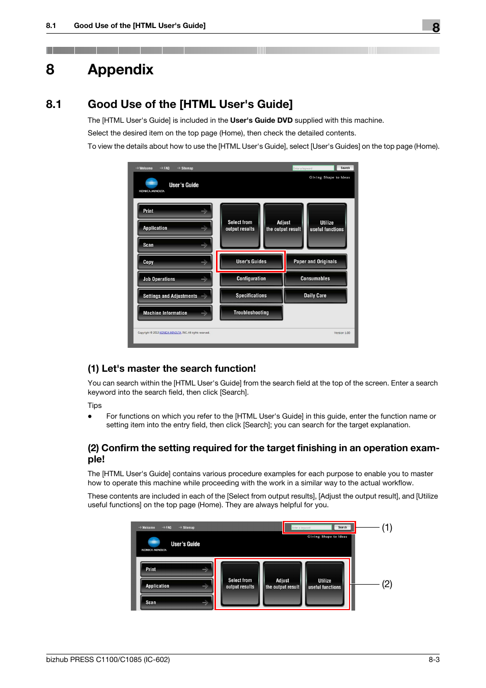 8 appendix, 1 good use of the [html user's guide, 1) let's master the search function | Appendix, Good use of the [html user's guide] -3, 8appendix | Konica Minolta bizhub PRESS C1085 User Manual | Page 99 / 130