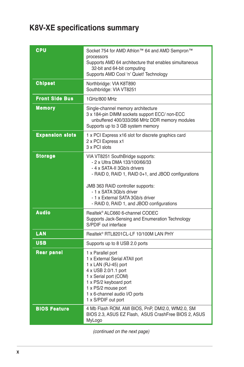 K8v-xe speciﬁcations summary | Asus K8V-XE User Manual | Page 10 / 86