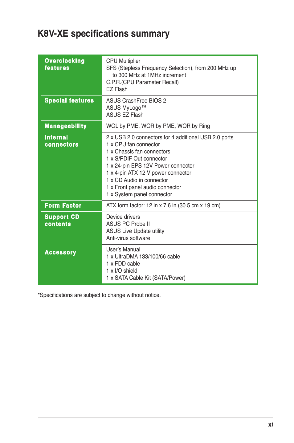 K8v-xe speciﬁcations summary | Asus K8V-XE User Manual | Page 11 / 86