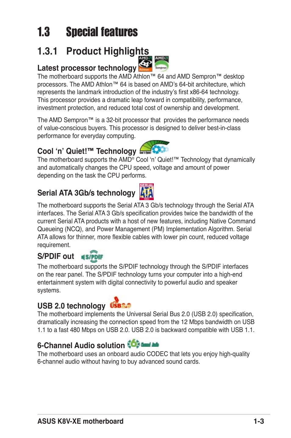 3 special features, 1 product highlights | Asus K8V-XE User Manual | Page 15 / 86