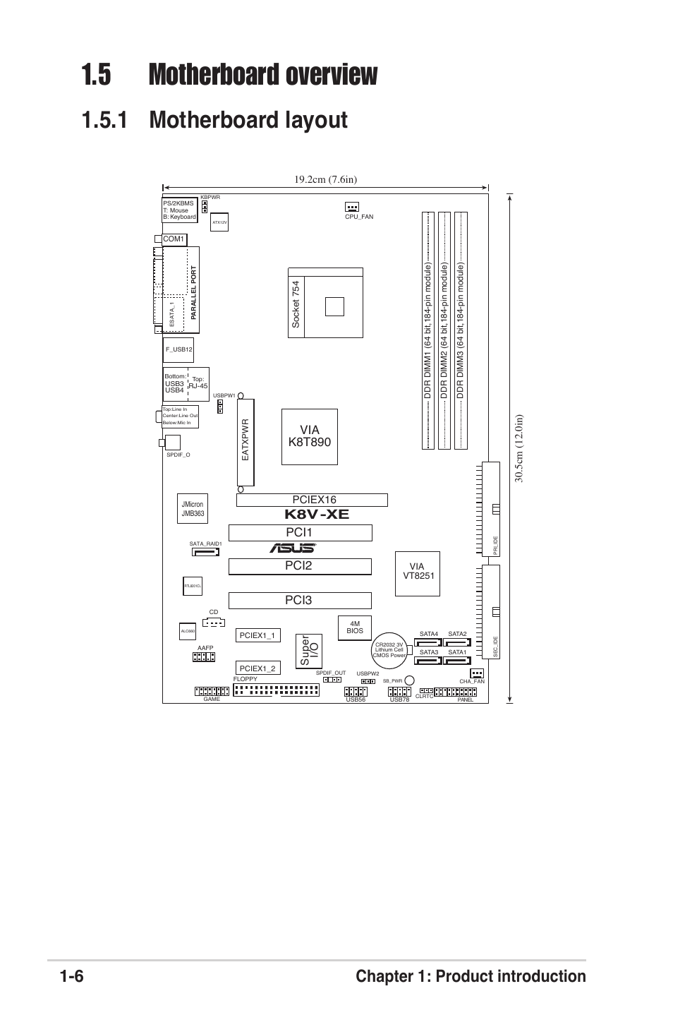 5 motherboard overview, 1 motherboard layout, 6 chapter 1: product introduction | K8v -xe, Pci1, Pci2 pci3, Via k8t890, Pciex16, Sup er i/o | Asus K8V-XE User Manual | Page 18 / 86