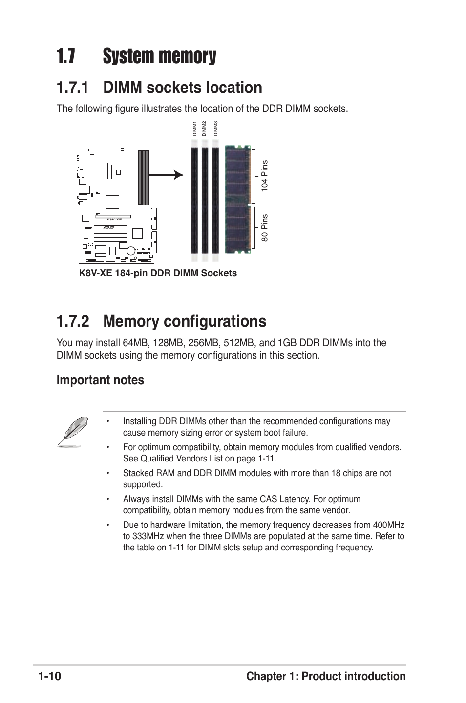 1 dimm sockets location, 10 chapter 1: product introduction | Asus K8V-XE User Manual | Page 22 / 86