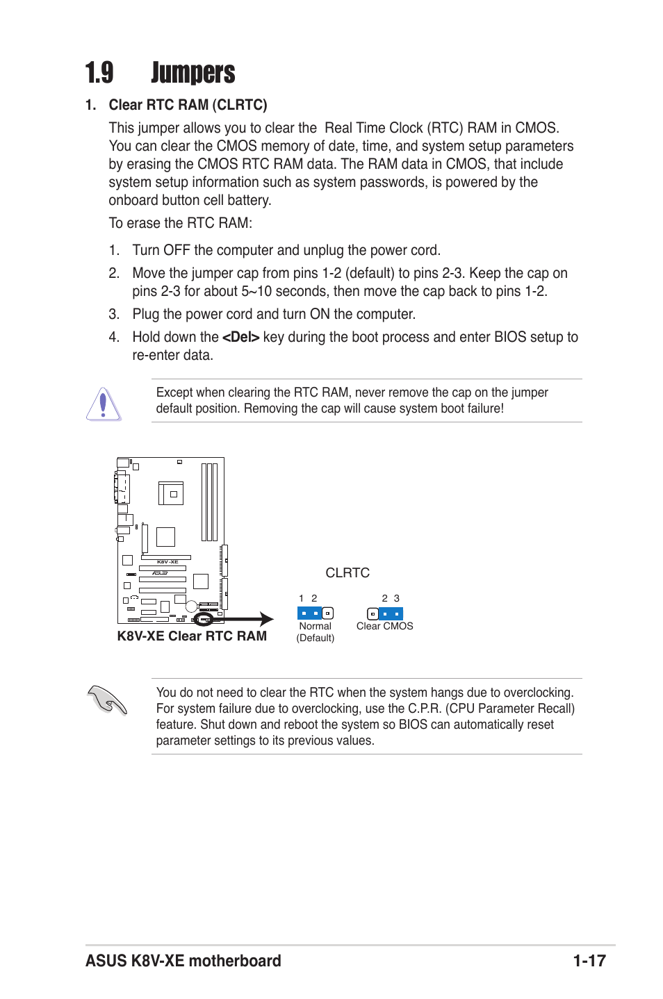 9 jumpers, Asus k8v-xe motherboard 1-17 | Asus K8V-XE User Manual | Page 29 / 86