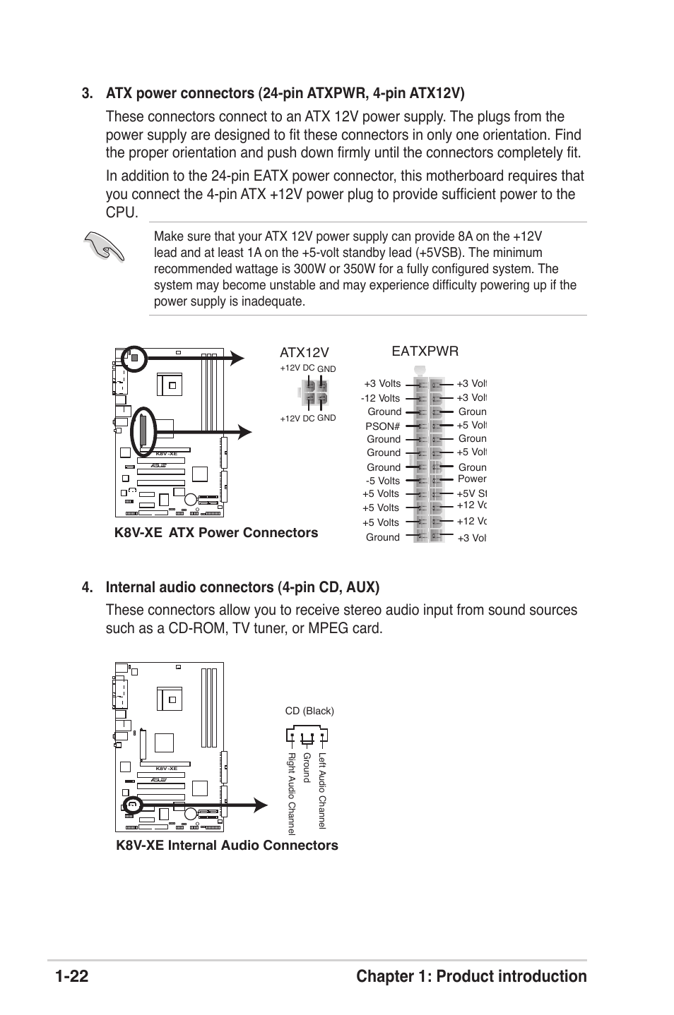 22 chapter 1: product introduction, K8v-xe atx power connectors eatxpwr atx12v, K8v-xe internal audio connectors | Asus K8V-XE User Manual | Page 34 / 86