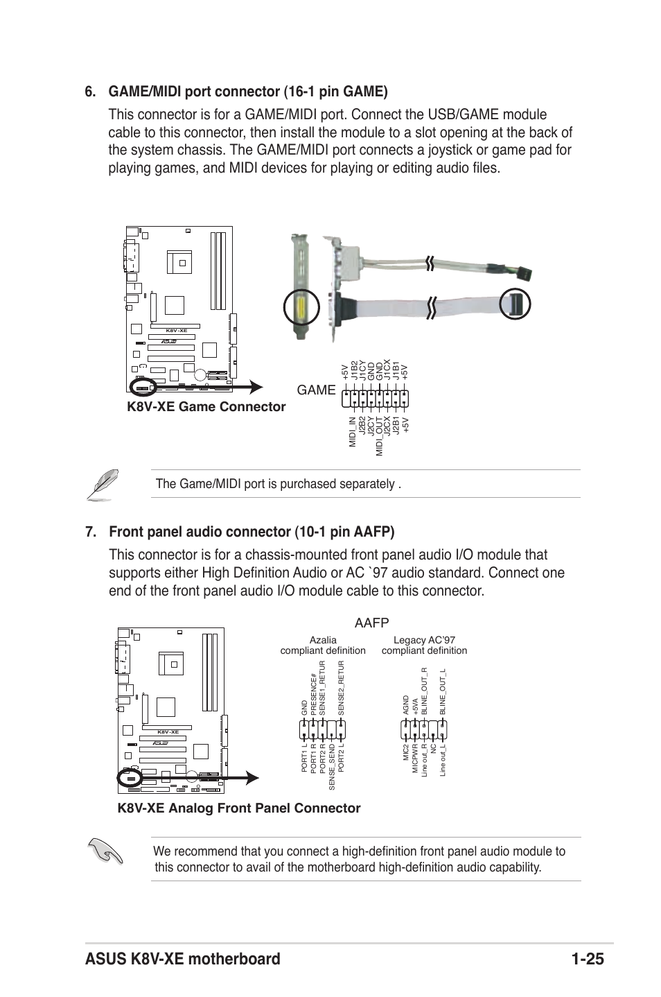 Asus k8v-xe motherboard 1-25, K8v-xe game connector game, The game/midi port is purchased separately | Asus K8V-XE User Manual | Page 37 / 86