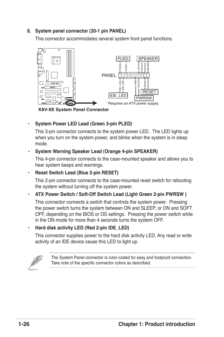 26 chapter 1: product introduction, K8v-xe system panel connector, Panel | Asus K8V-XE User Manual | Page 38 / 86