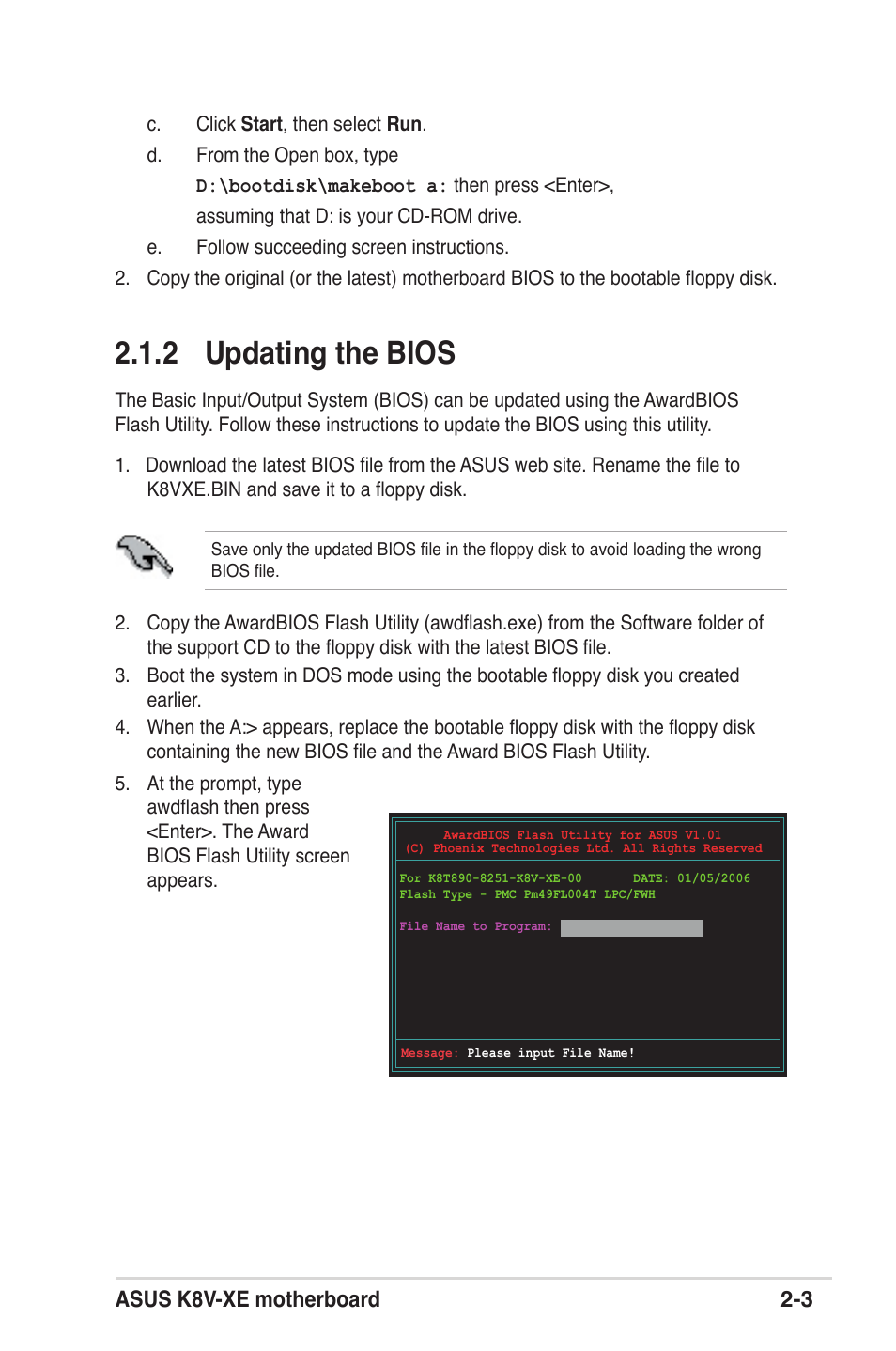 2 updating the bios, Asus k8v-xe motherboard 2-3 | Asus K8V-XE User Manual | Page 41 / 86