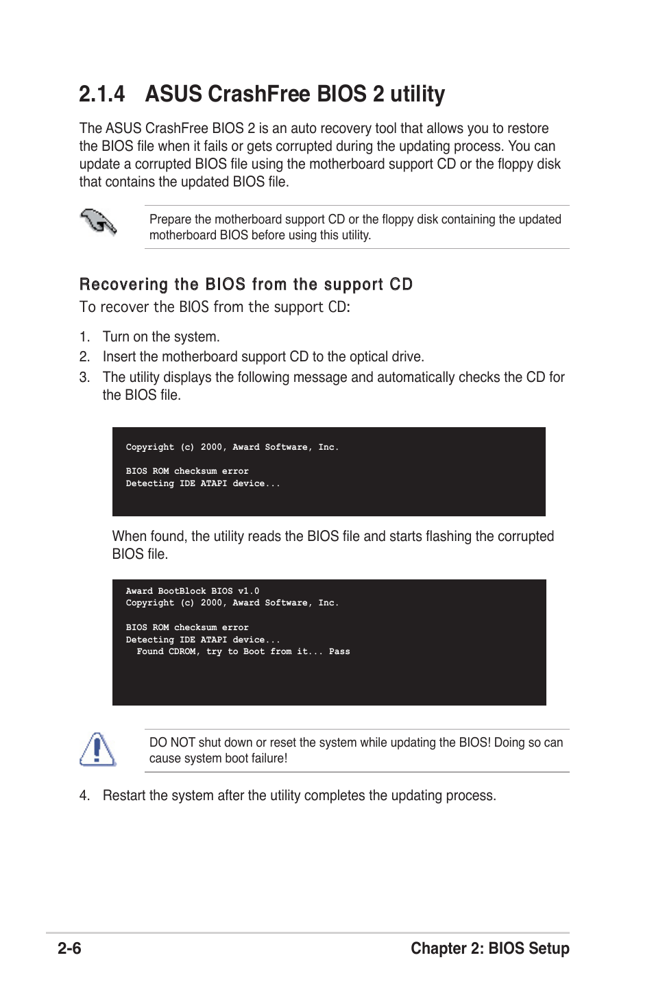 4 asus crashfree bios 2 utility, 6 chapter 2: bios setup, Recovering the bios from the support cd | Asus K8V-XE User Manual | Page 44 / 86