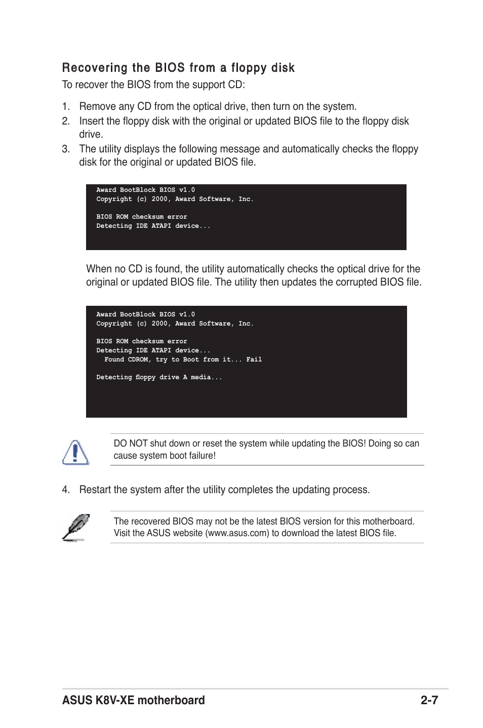 Asus k8v-xe motherboard 2-7, Recovering the bios from a floppy disk | Asus K8V-XE User Manual | Page 45 / 86