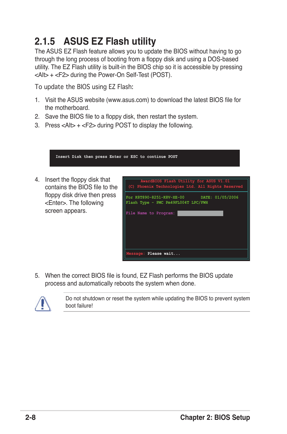 5 asus ez flash utility, 8 chapter 2: bios setup | Asus K8V-XE User Manual | Page 46 / 86