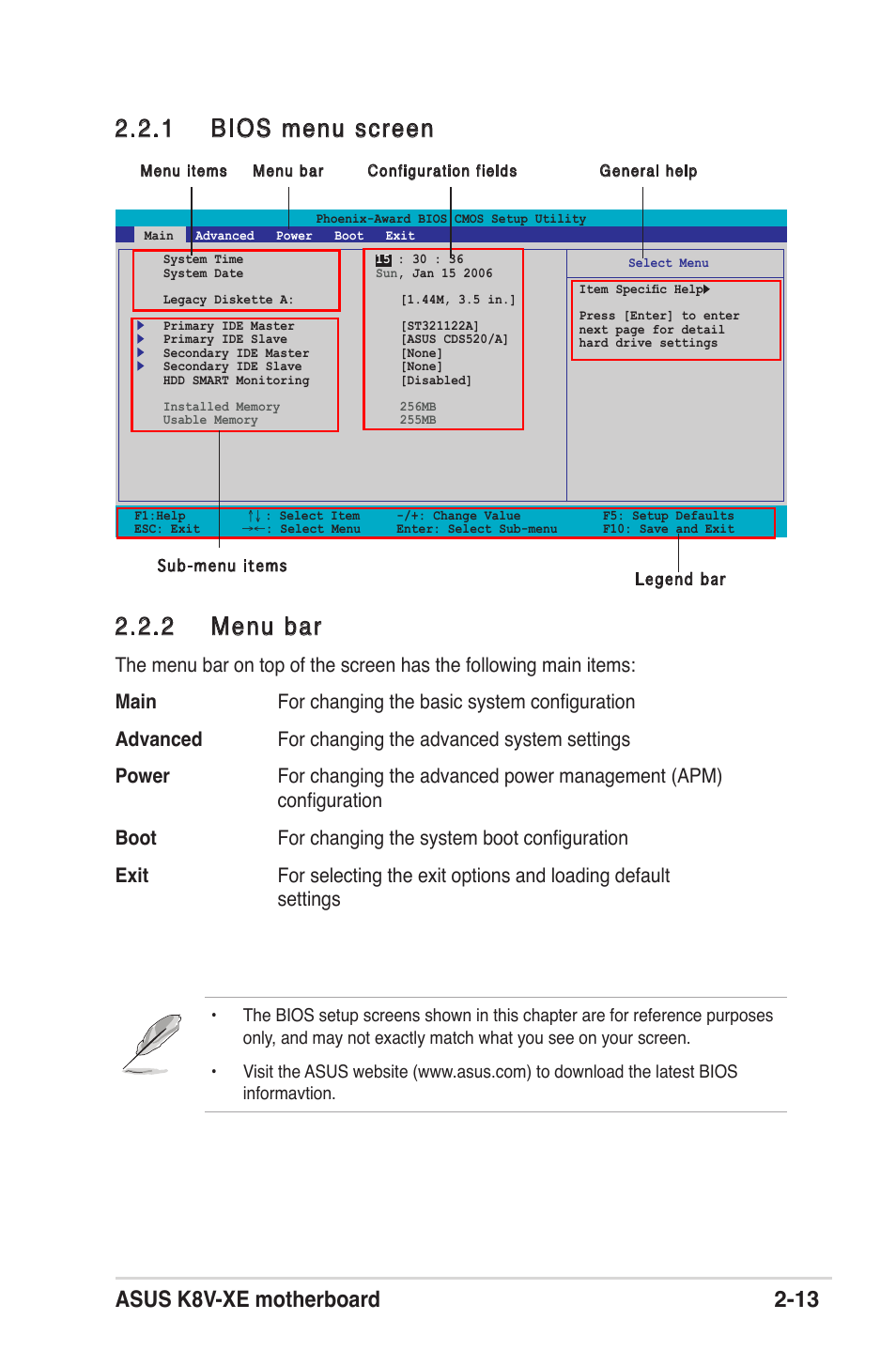 2 menu bar, 1 bios menu screen, Asus k8v-xe motherboard 2-13 | Asus K8V-XE User Manual | Page 51 / 86