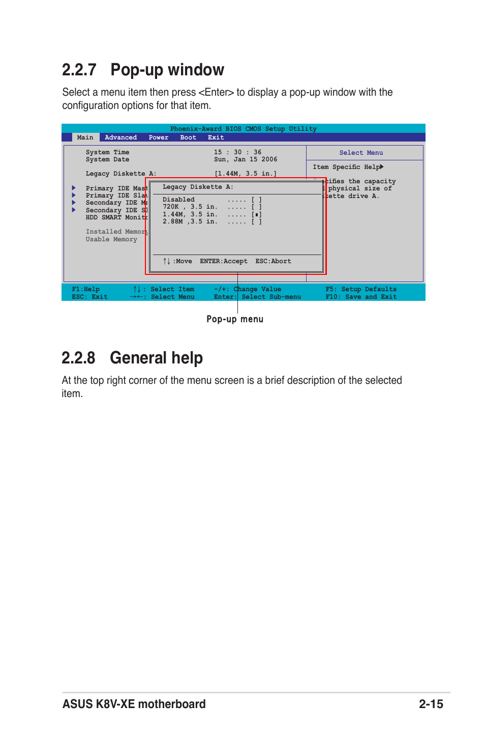 7 pop-up window, 8 general help, Asus k8v-xe motherboard 2-15 | Asus K8V-XE User Manual | Page 53 / 86