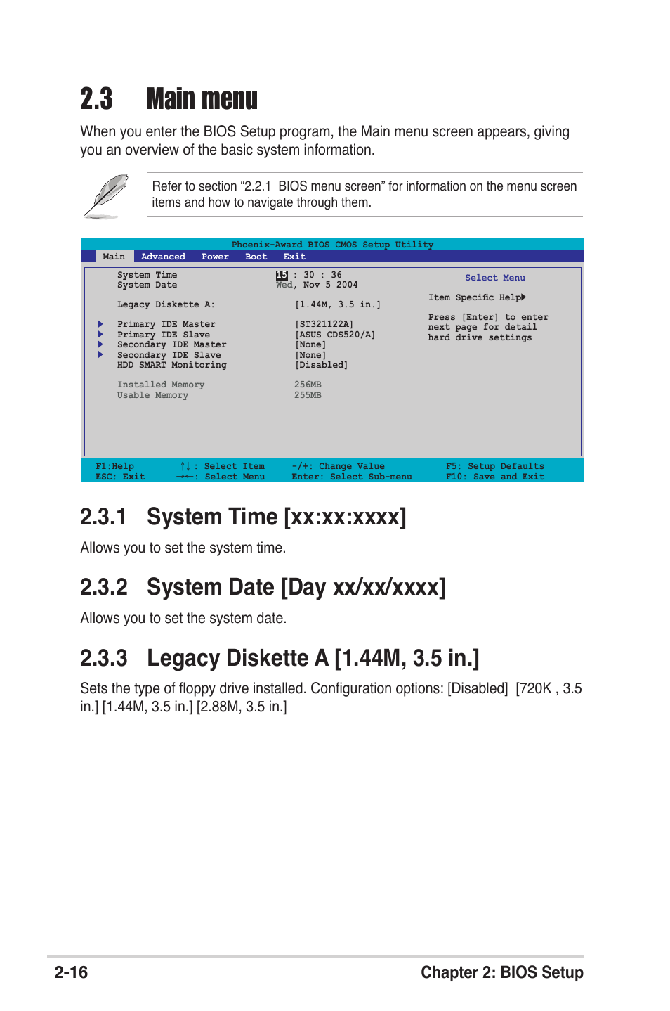 3 main menu, 16 chapter 2: bios setup, Allows you to set the system time | Allows you to set the system date | Asus K8V-XE User Manual | Page 54 / 86