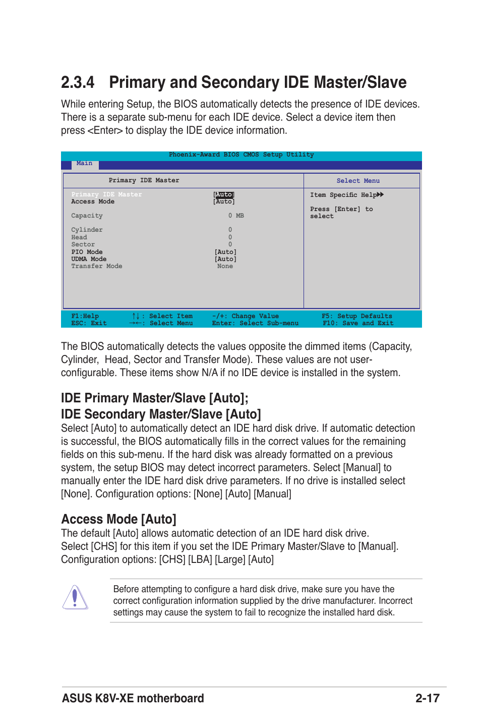 4 primary and secondary ide master/slave, Access mode [auto, Asus k8v-xe motherboard 2-17 | Asus K8V-XE User Manual | Page 55 / 86