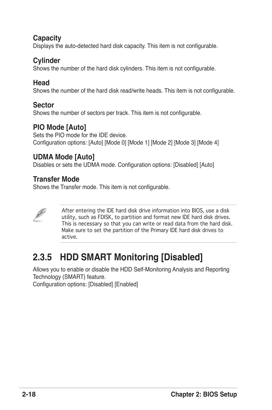 5 hdd smart monitoring [disabled, Capacity, Cylinder | Head, Sector, Pio mode [auto, Udma mode [auto, Transfer mode | Asus K8V-XE User Manual | Page 56 / 86