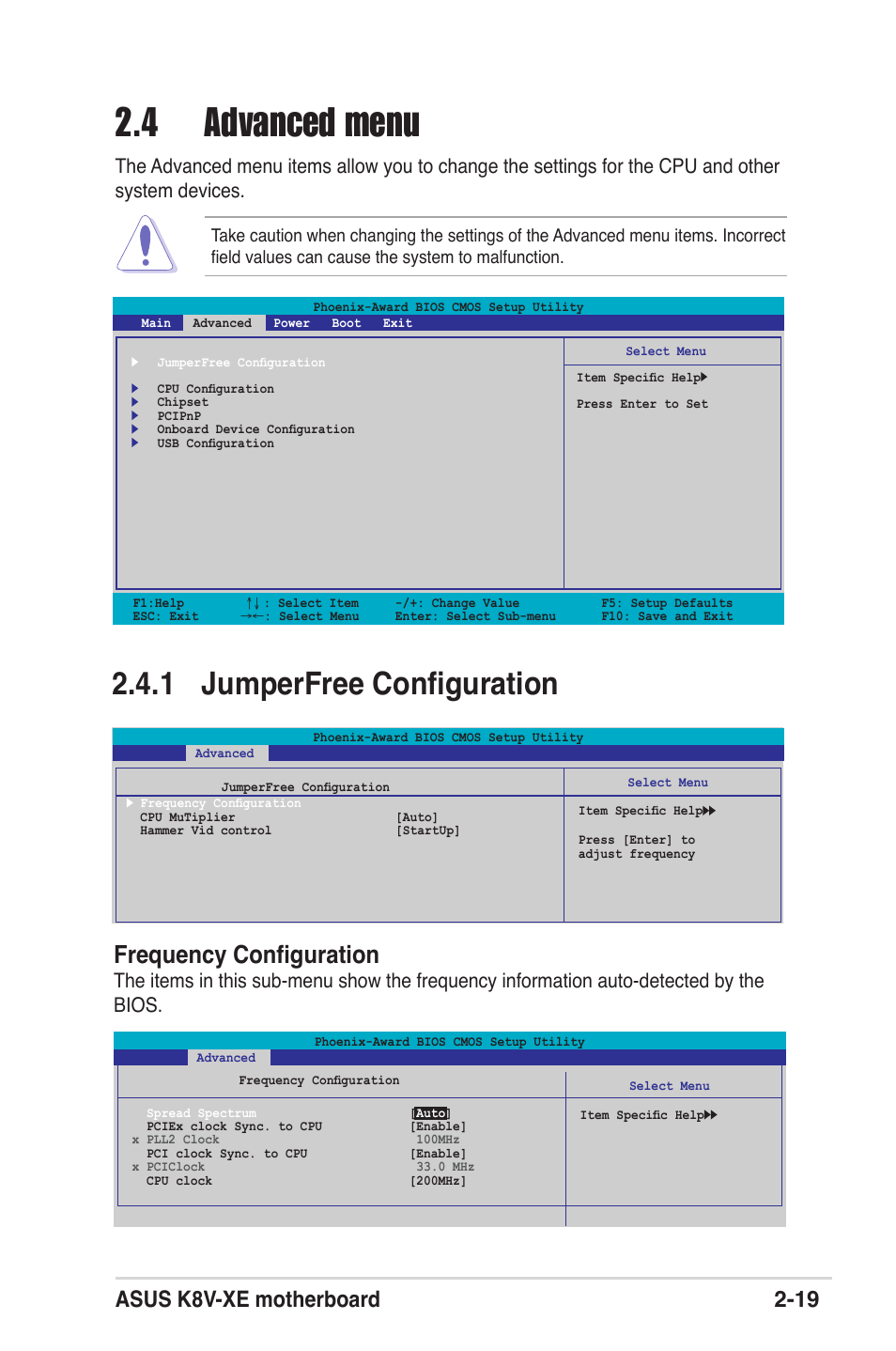 4 advanced menu, 1 jumperfree conﬁguration, Frequency conﬁguration | Asus k8v-xe motherboard 2-19 | Asus K8V-XE User Manual | Page 57 / 86