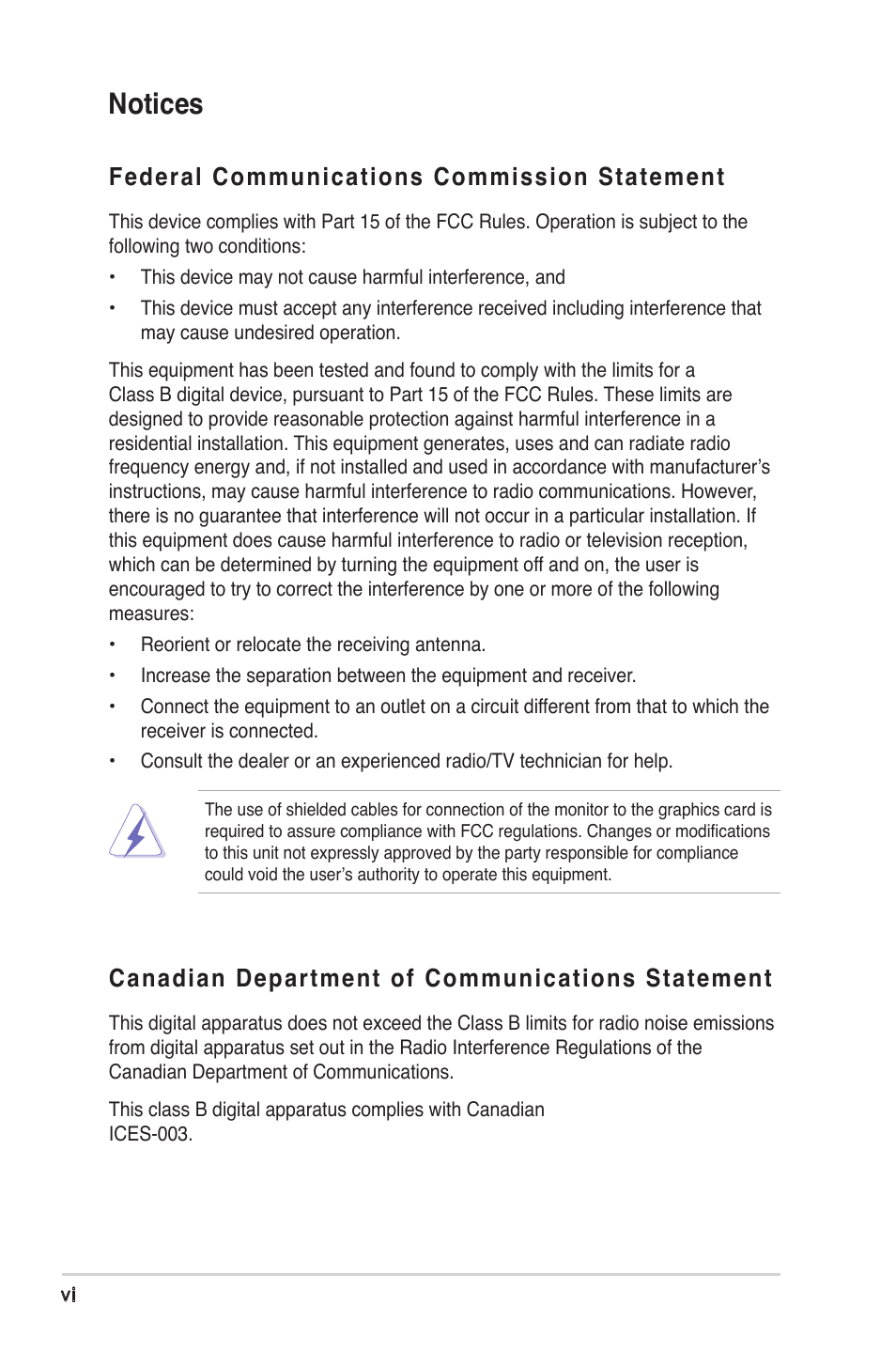 Notices, Federal communications commission statement, Canadian department of communications statement | Asus K8V-XE User Manual | Page 6 / 86