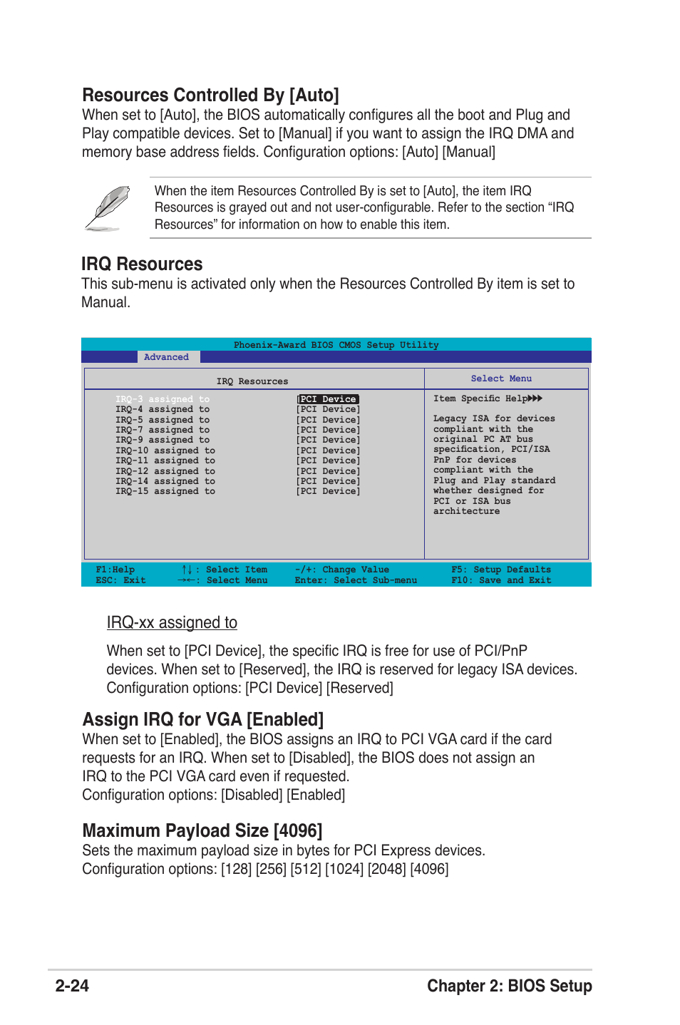 Irq resources, Assign irq for vga [enabled, Maximum payload size [4096 | Resources controlled by [auto, 24 chapter 2: bios setup, Irq-xx assigned to | Asus K8V-XE User Manual | Page 62 / 86