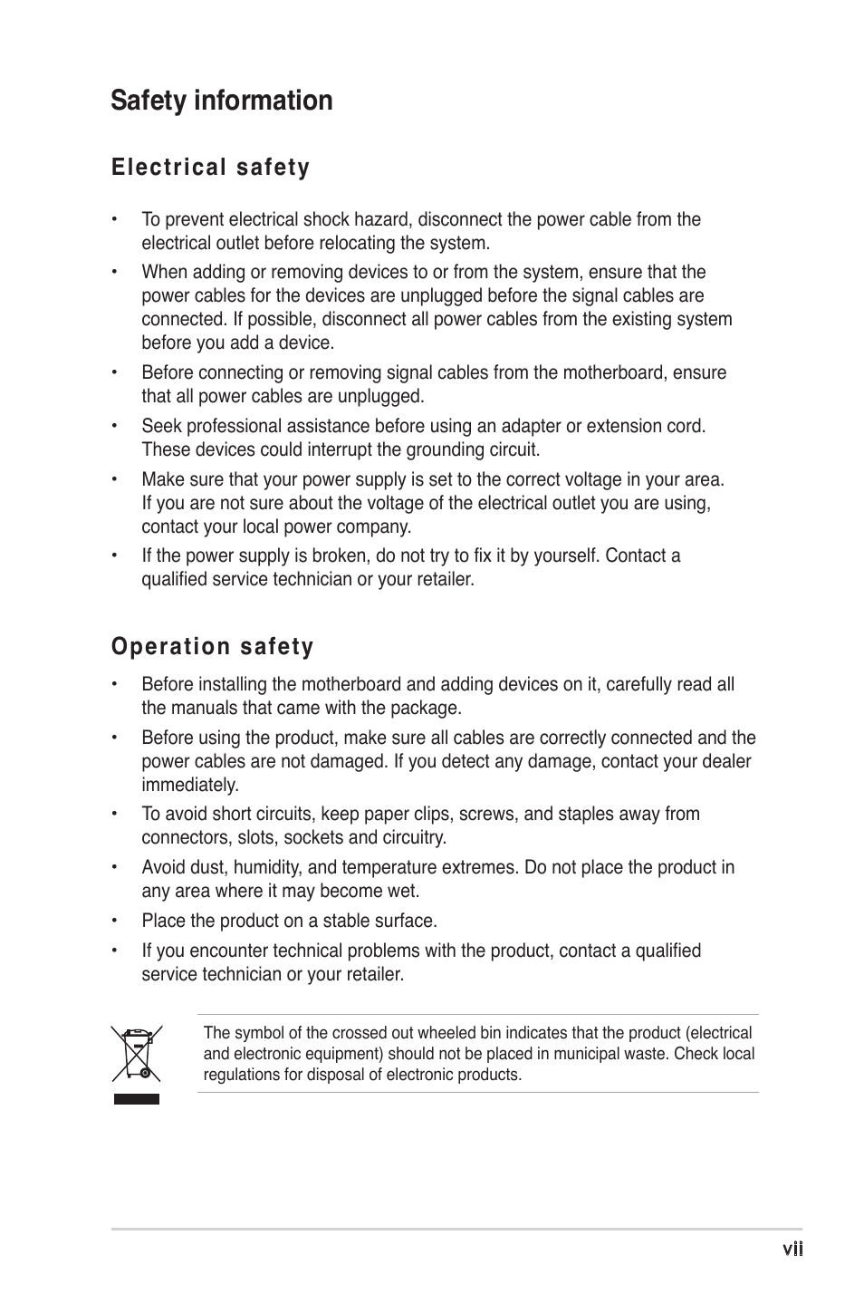 Safety information, Electrical safety, Operation safety | Asus K8V-XE User Manual | Page 7 / 86