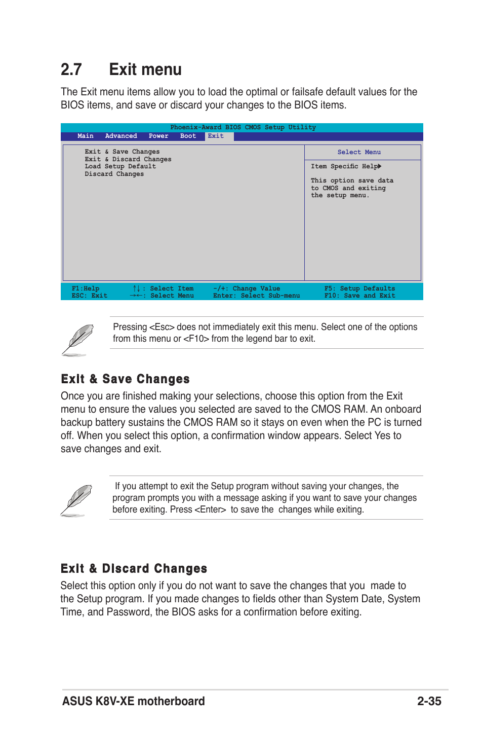 7 exit menu, Asus k8v-xe motherboard 2-35, Exit & save changes | Exit & discard changes | Asus K8V-XE User Manual | Page 73 / 86