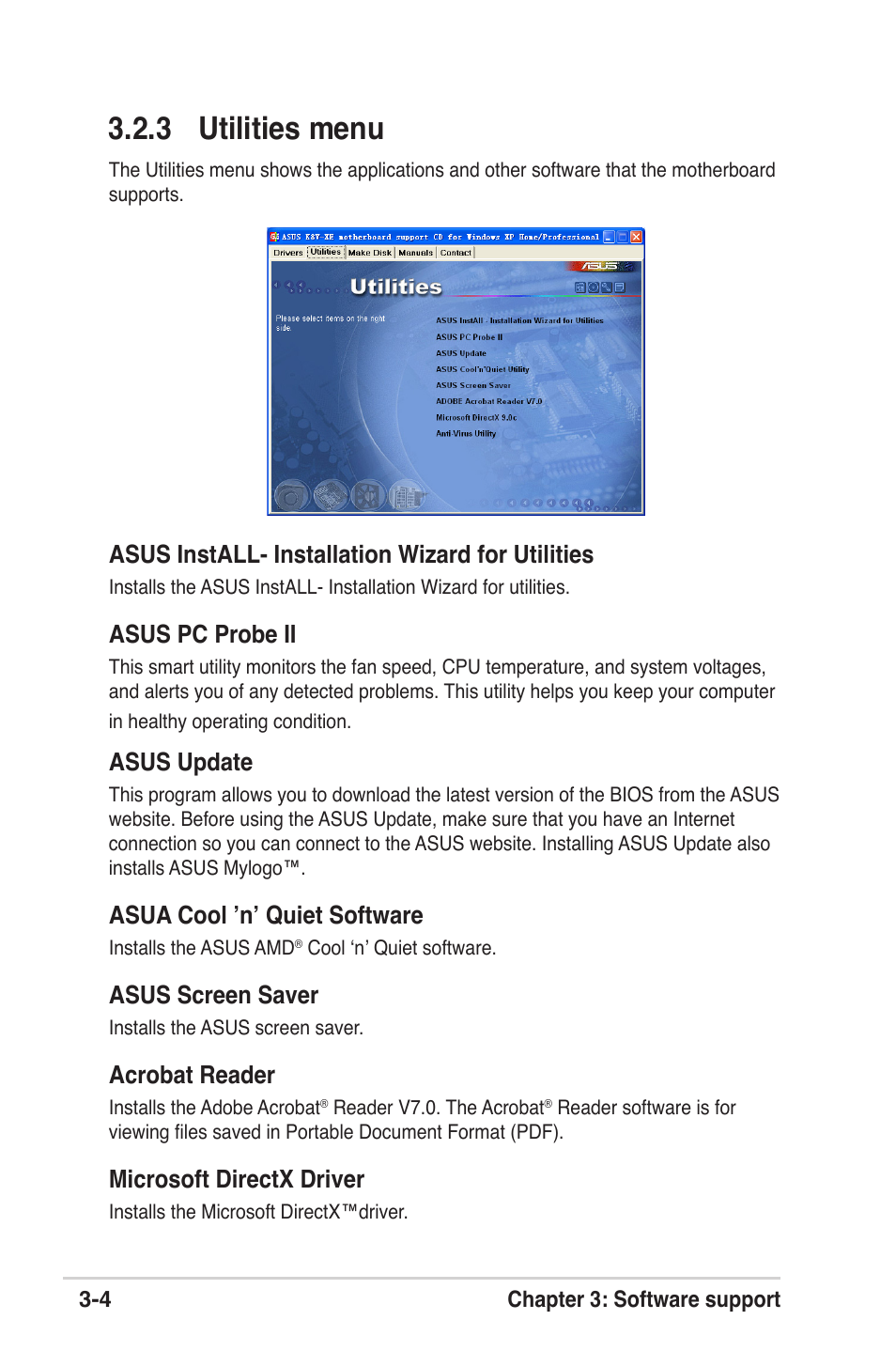 3 utilities menu, Asus install- installation wizard for utilities, Asus pc probe ii | Asus update, Asua cool ’n’ quiet software, Asus screen saver, Acrobat reader, Microsoft directx driver | Asus K8V-XE User Manual | Page 78 / 86