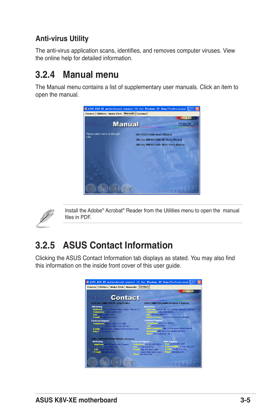 5 asus contact information, 4 manual menu, Anti-virus utility | Asus K8V-XE User Manual | Page 79 / 86