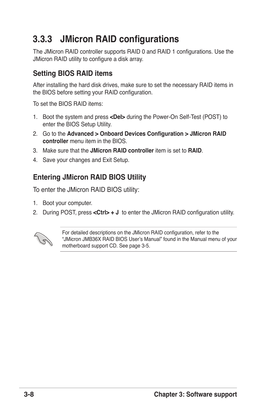 3 jmicron raid conﬁgurations, Setting bios raid items, Entering jmicron raid bios utility | Asus K8V-XE User Manual | Page 82 / 86